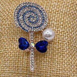 Lollipop Rhinestone Pearl Brooch Blue Heart Accents Rose Gold Tone Metal